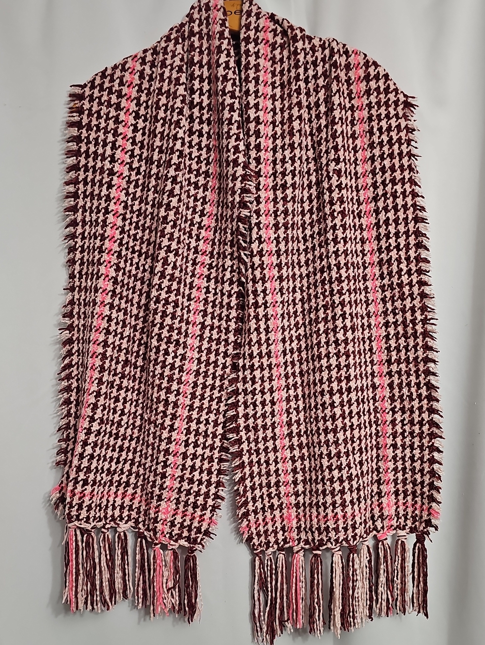 Charter Club Plaid Wrap Scarf Wine Pink Houndstooth One Size 68x13 in. New